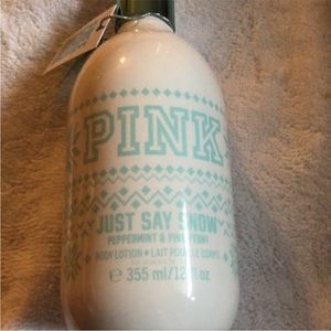 NWT PINK Victoria’s Secret Just Say Snow Lotion with Koozie sweater. Rare/HTF